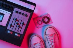 Retro audio tape recorder, audio cassette, sneakers in pink bue gradient neon light. Retro media. 80s. Top view.