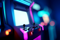 Neon Retro Arcade Machines In A Games Room